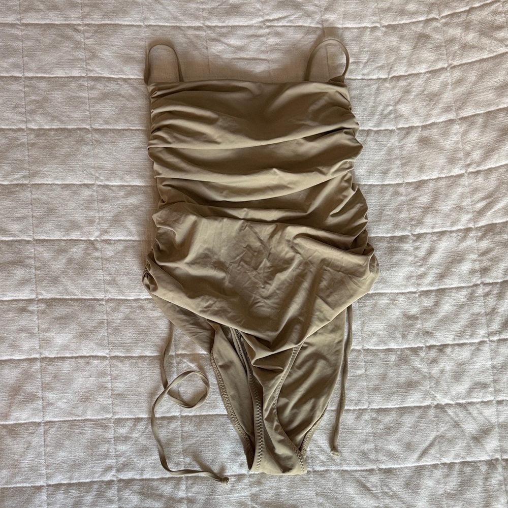 Fashion Nova Beige Ruched One Piece Swimsuit